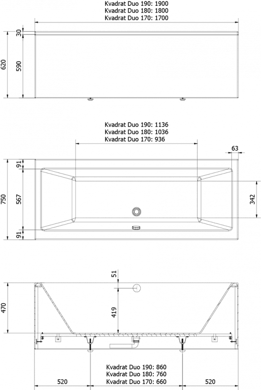 Vikingbad Badekar Kvadrat DUO 180m/panel sort matt