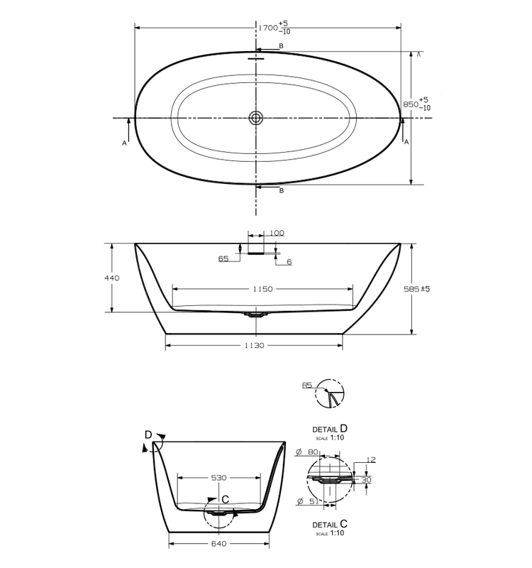 Strømberg Fermo frittstående badekar 1700x850mm